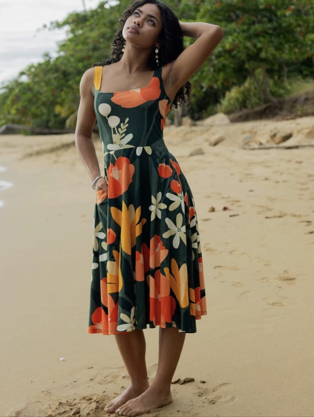 XXS/XS Happy Earth 100% Organic Cotton Sleeveless Lily Midi Dress|Paradise - Picture 3 of 13